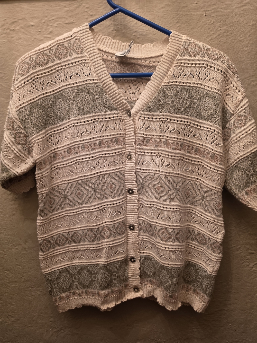 Laura Petites Vintage Knit Cardigan Beige Fair Isle Short Sleeve